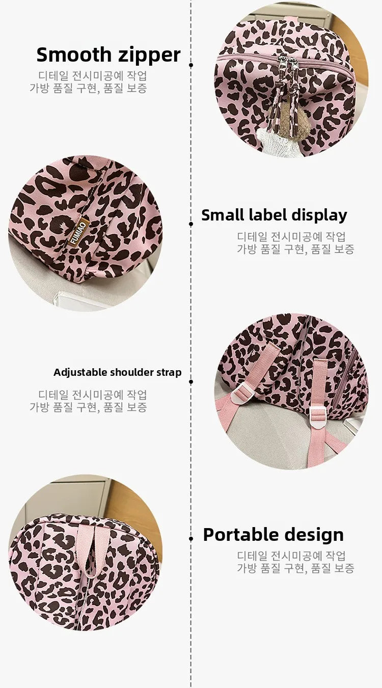 Pink leopard print nylon backpack showing various features like a smooth zipper, small label display, adjustable shoulder str
