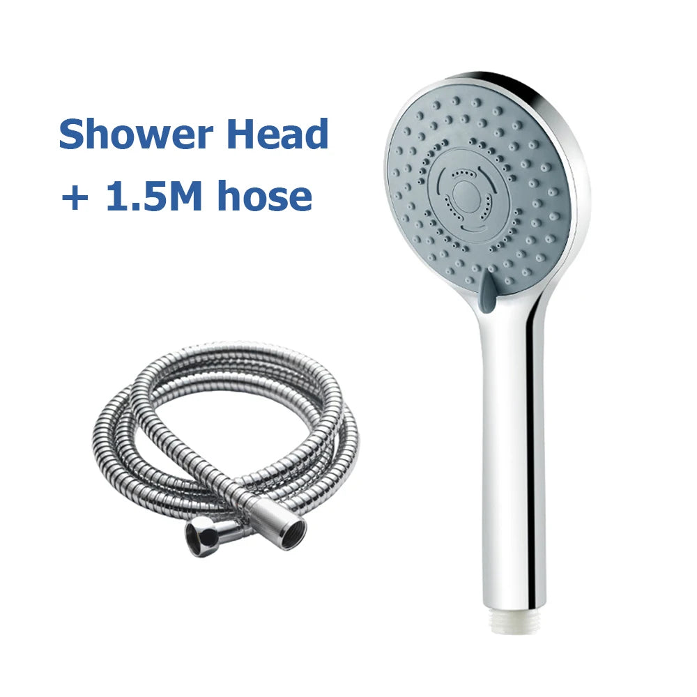 Chrome shower head with a 1.5M hose and bracket for showering.