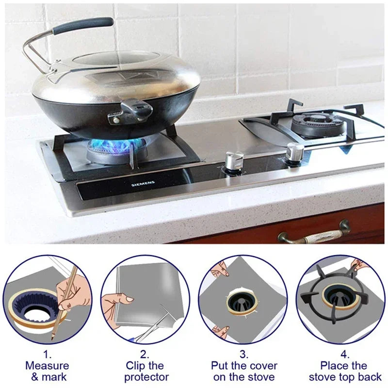 Instructions for installing reusable gas stove burner protectors on a Siemens stovetop.