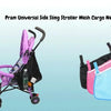 A purple and black pram universal side sling stroller mesh cargo net with pink accents.