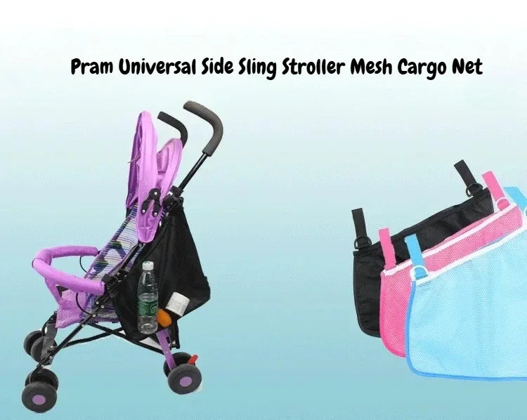A purple and black pram universal side sling stroller mesh cargo net with pink accents.