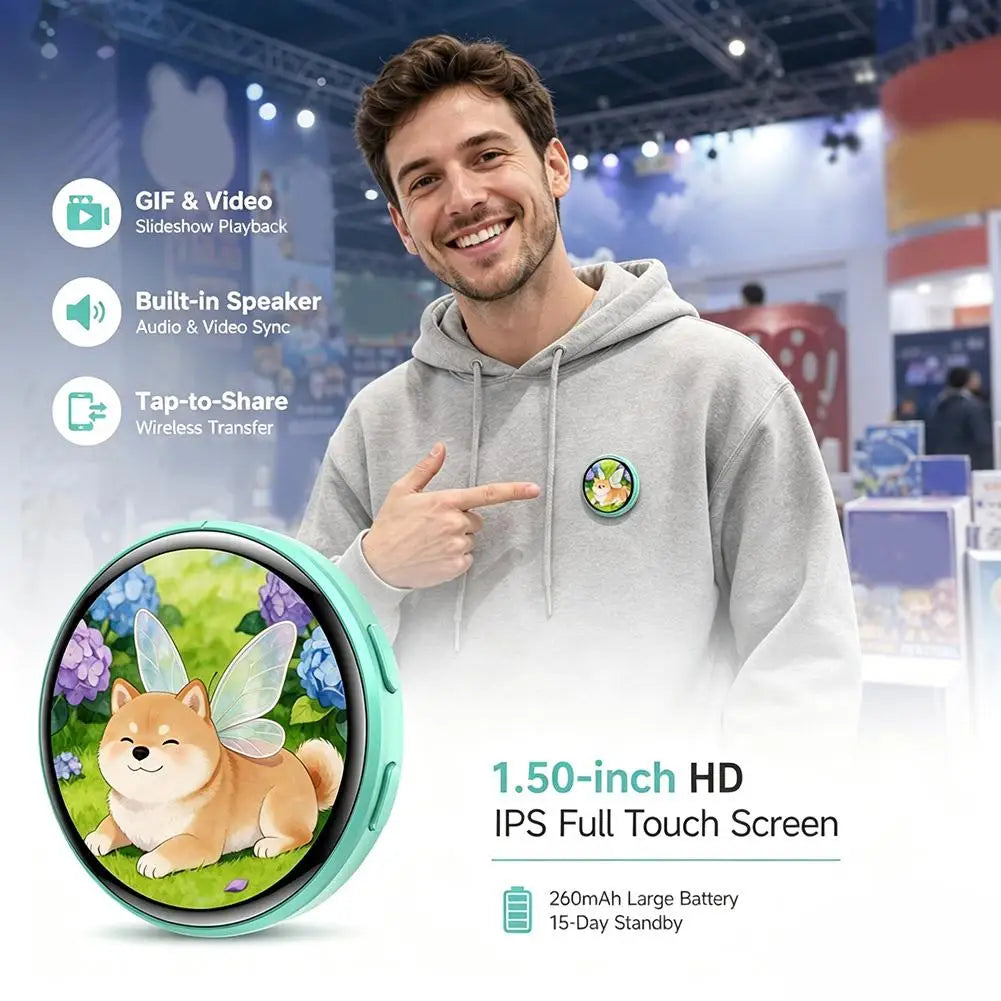 A man is holding a round, light green digital badge with an HD IPS full touch screen, demonstrating its features.