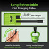 A green GaN charger with a long retractable cable showing its maximum length and durability testing.