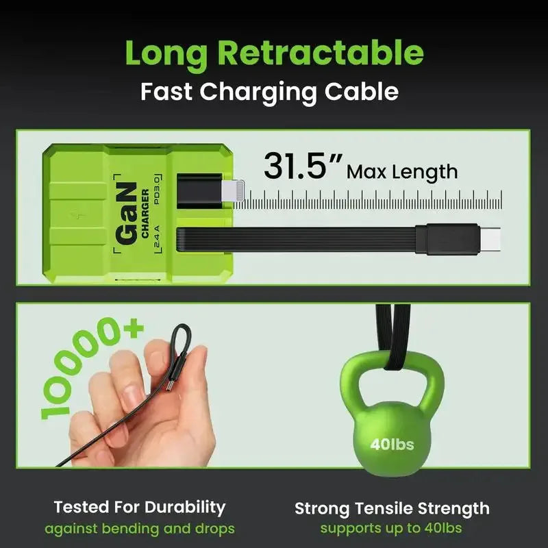 A green GaN charger with a long retractable cable showing its maximum length and durability testing.