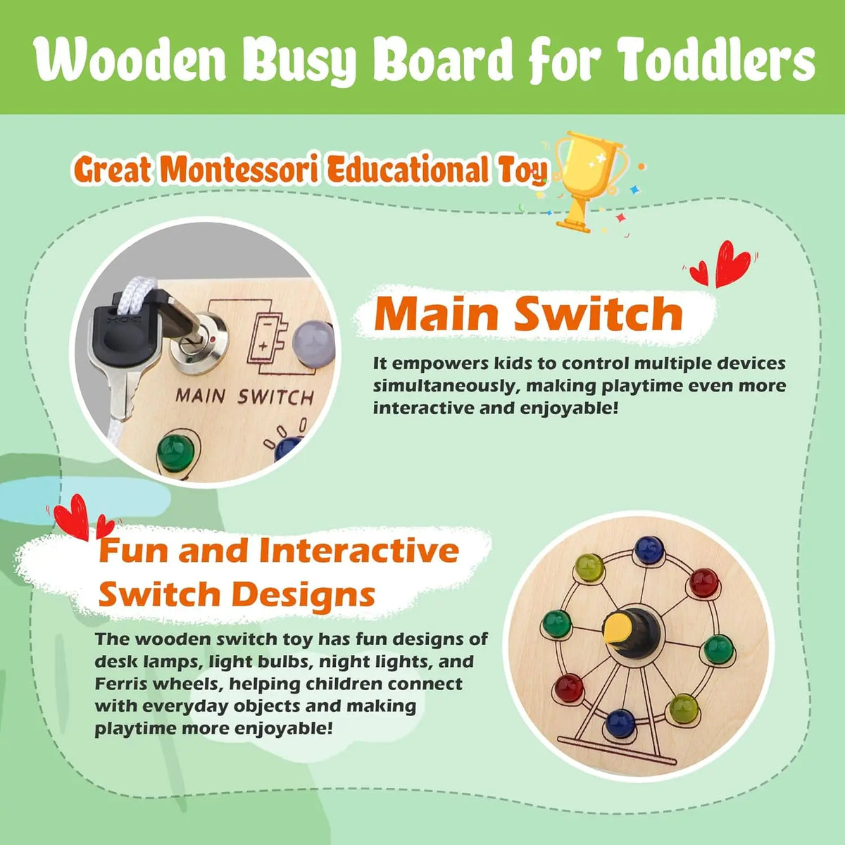 Montessori Wooden Busy Board with LED Switch Controls