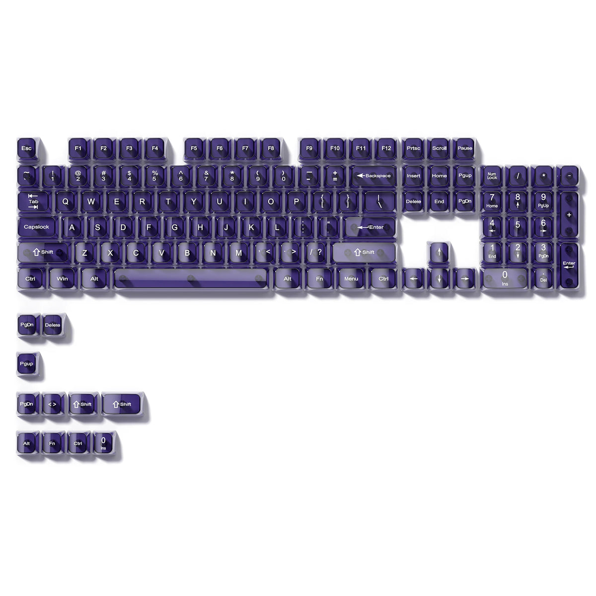 A full set of 115 keycaps with an MDA profile in a purple color, featuring crystal clear RGB backlighting.
