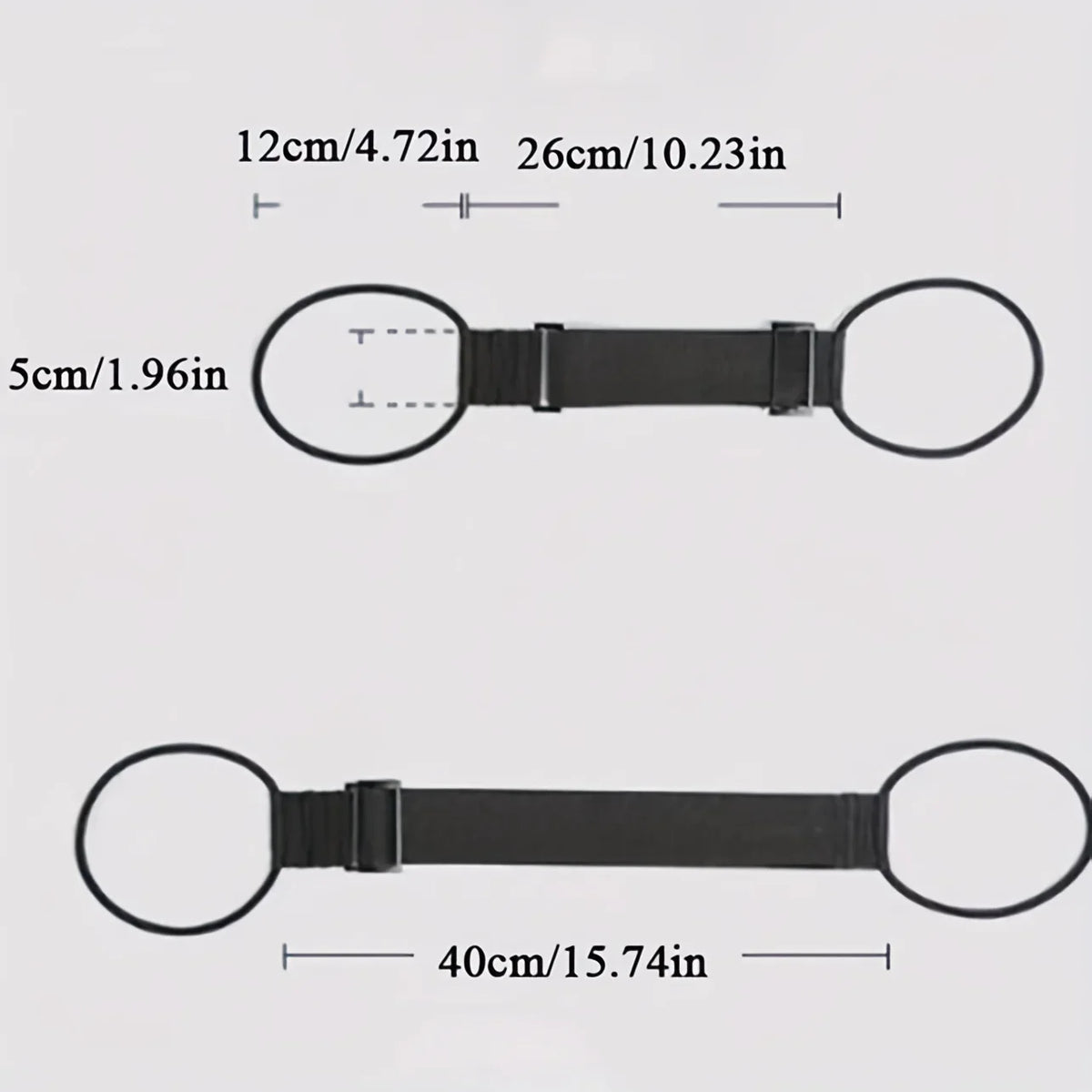 Black reusable elastic luggage strap with adjustable sizing and circular ends