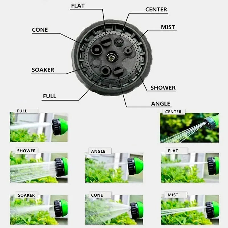 A set of eight high-pressure garden water nozzles in various shapes and modes including flat, cone, mist, shower, soak, and a