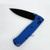 A blue folding pocket knife with a black drop point blade shown from the side.