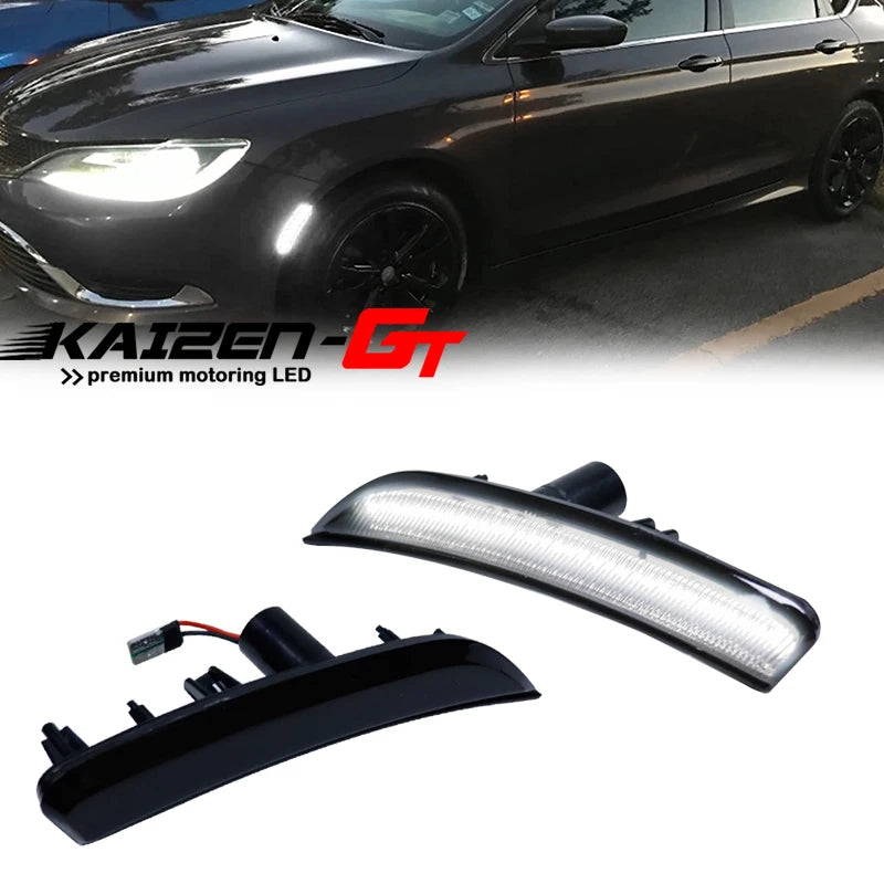 Smoked LED side marker lights for a Chrysler 200 vehicle.
