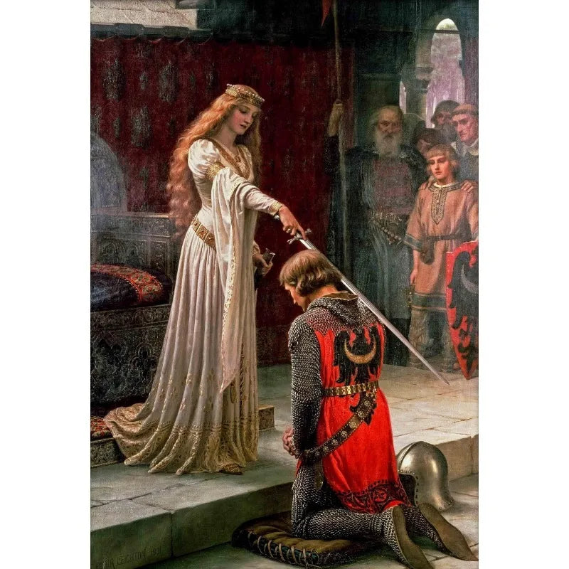 A painting depicting a woman in flowing white and gold attire standing next to a man, set in a dark, moody interior.