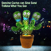 A green dancing cactus plush toy with musical notes surrounding it.