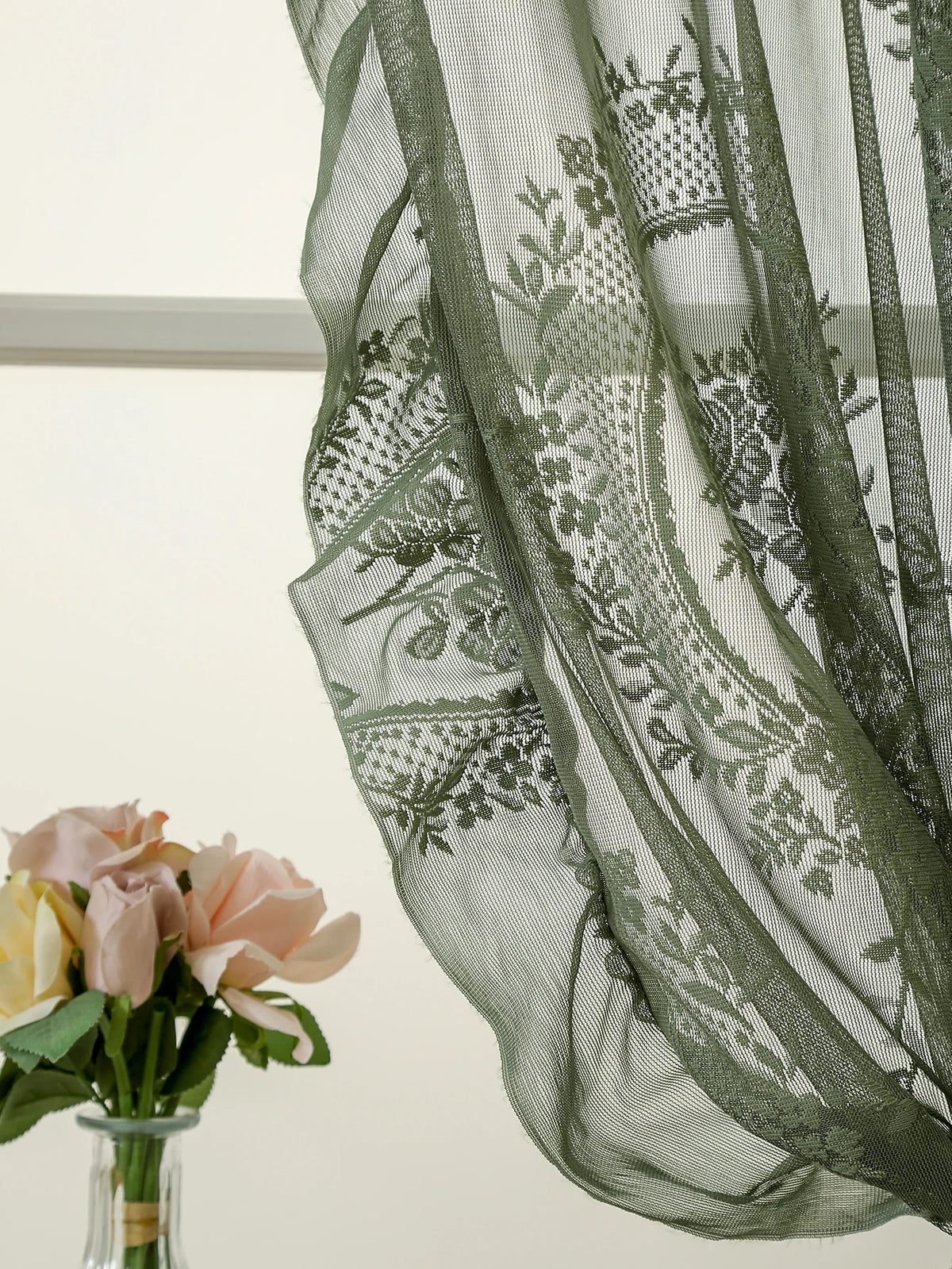 Green Lace Curtains 84 Inches Long, Boho Sheer Florals with Scallop Ruffle