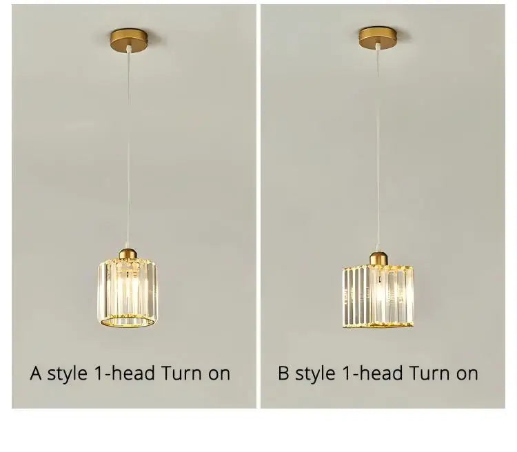 Two pendant lights, A style and B style, featuring crystal glass shades and brass hardware, mounted on a wall.