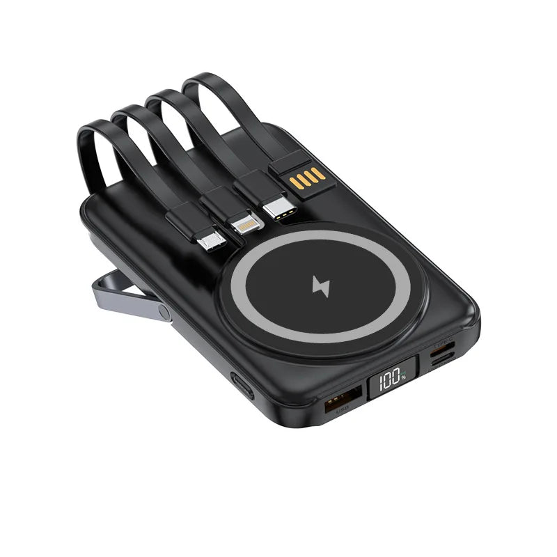 Magnetic Wireless Power Bank 20,000mAh with Built-in Cables and Stand