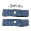 Two blue denim elastic belts are shown, adjustable in size from 24-35cm (9.45-13.78in).