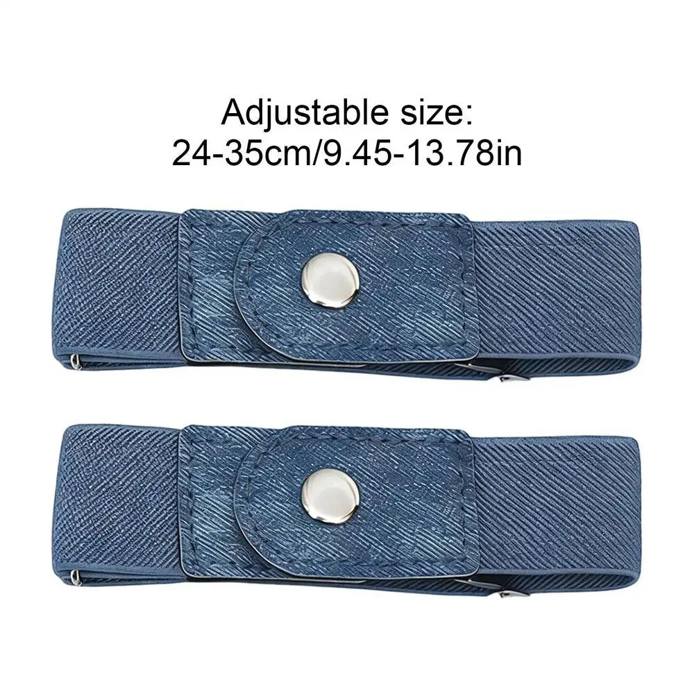 Two blue denim elastic belts are shown, adjustable in size from 24-35cm (9.45-13.78in).