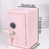 A pink vintage metal piggy bank with a combination lock and key, shown from the side.