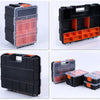 A set of black and orange adjustable compartment tool box organizers shown in various configurations.