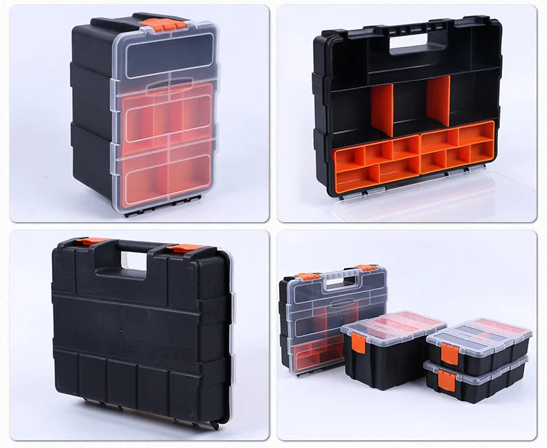 A set of black and orange adjustable compartment tool box organizers shown in various configurations.