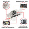 Diagram showing the components of an LED car door welcome light, including a plug and play module, intelligent circuit board,