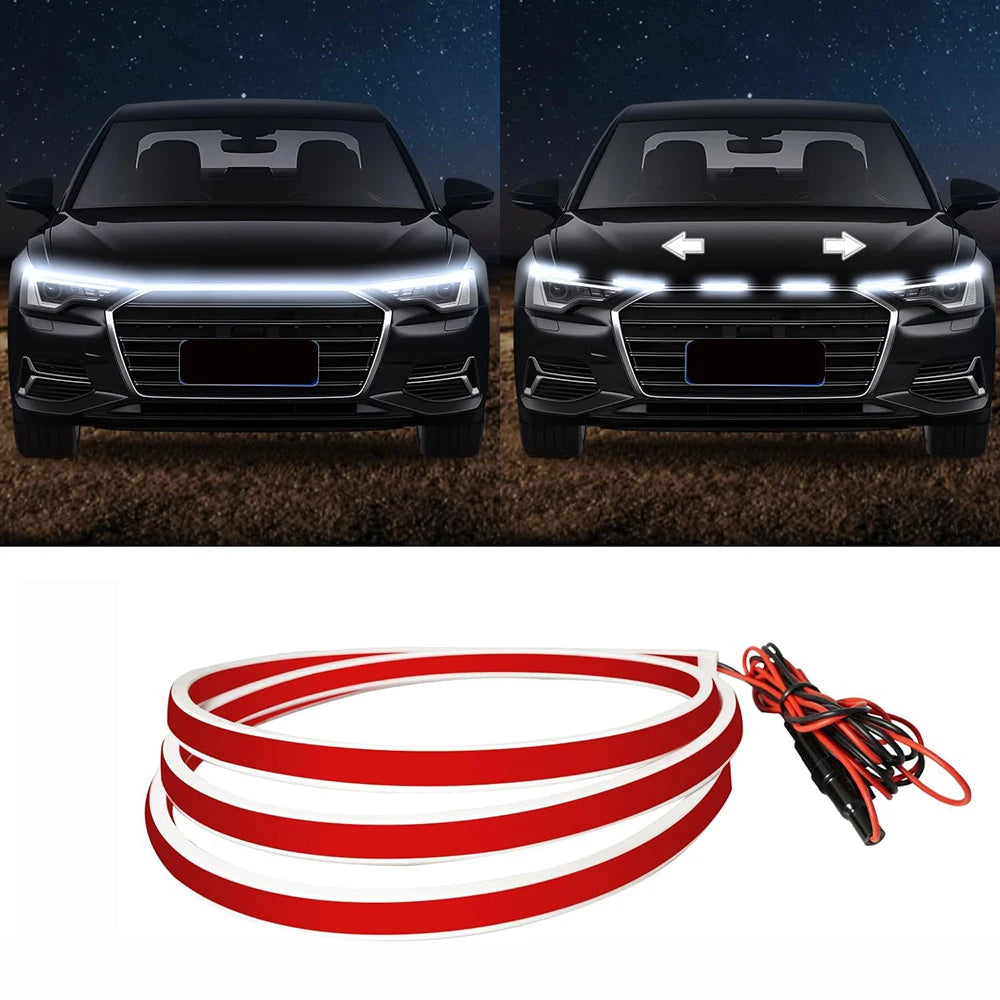 Red and white LED light strip for car hood installation