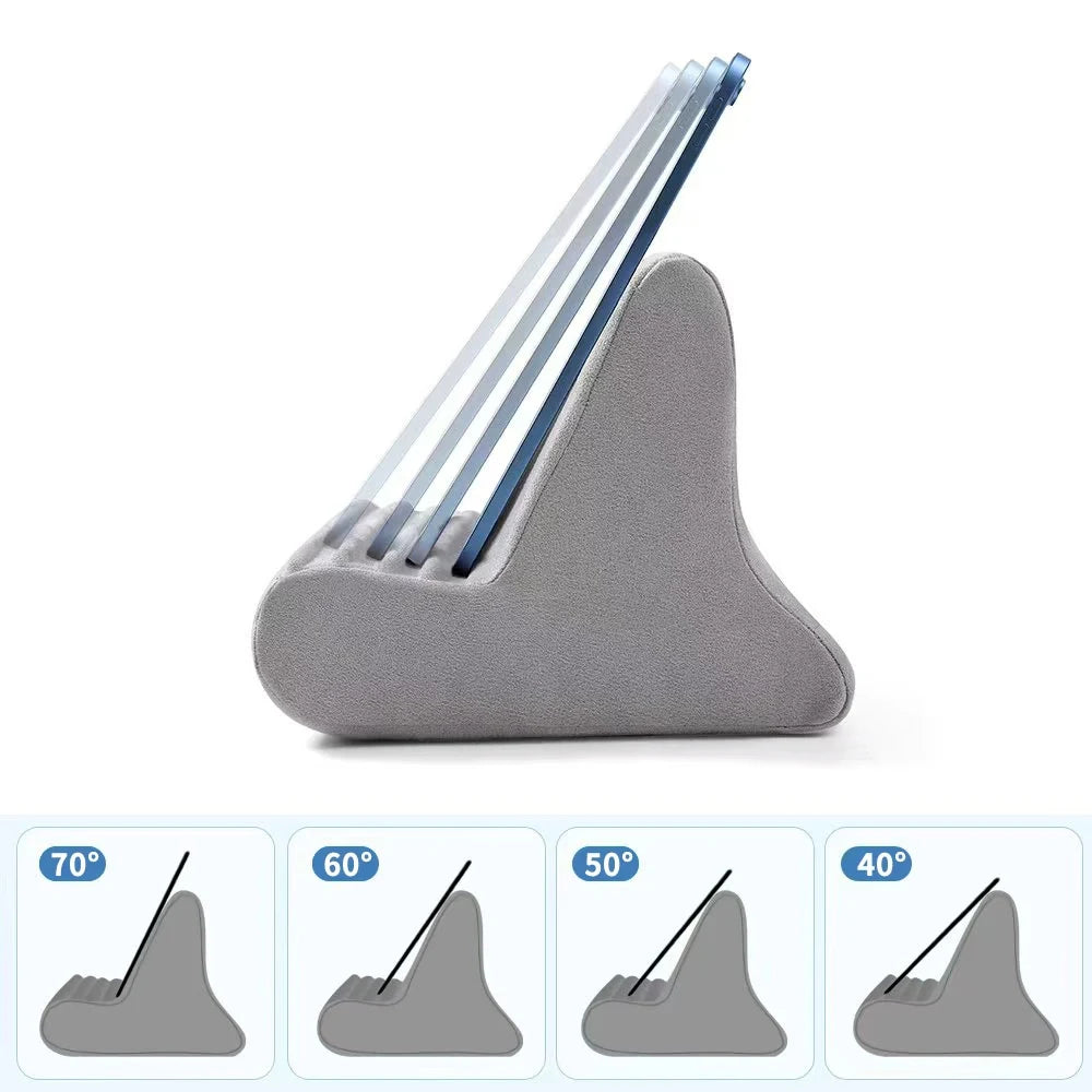 A gray adjustable comfort tablet and phone stand pillow with blue adjustable slats.