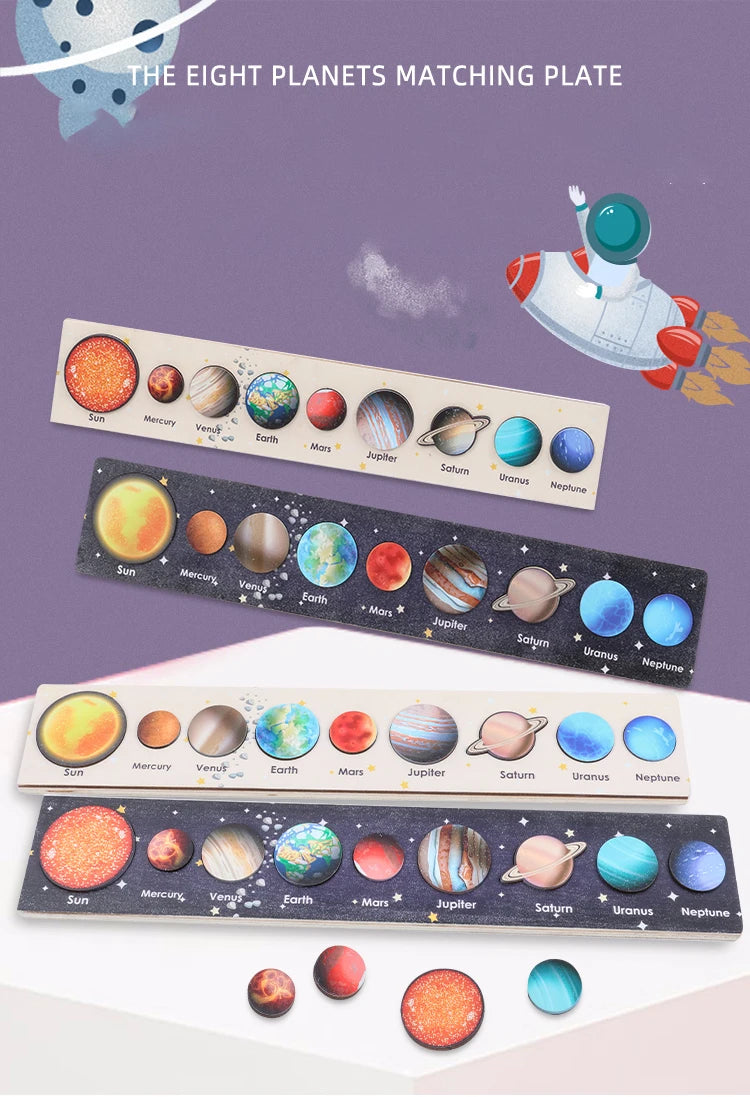 Eight planets matching plate with a model rocket and wooden solar system puzzle for kids