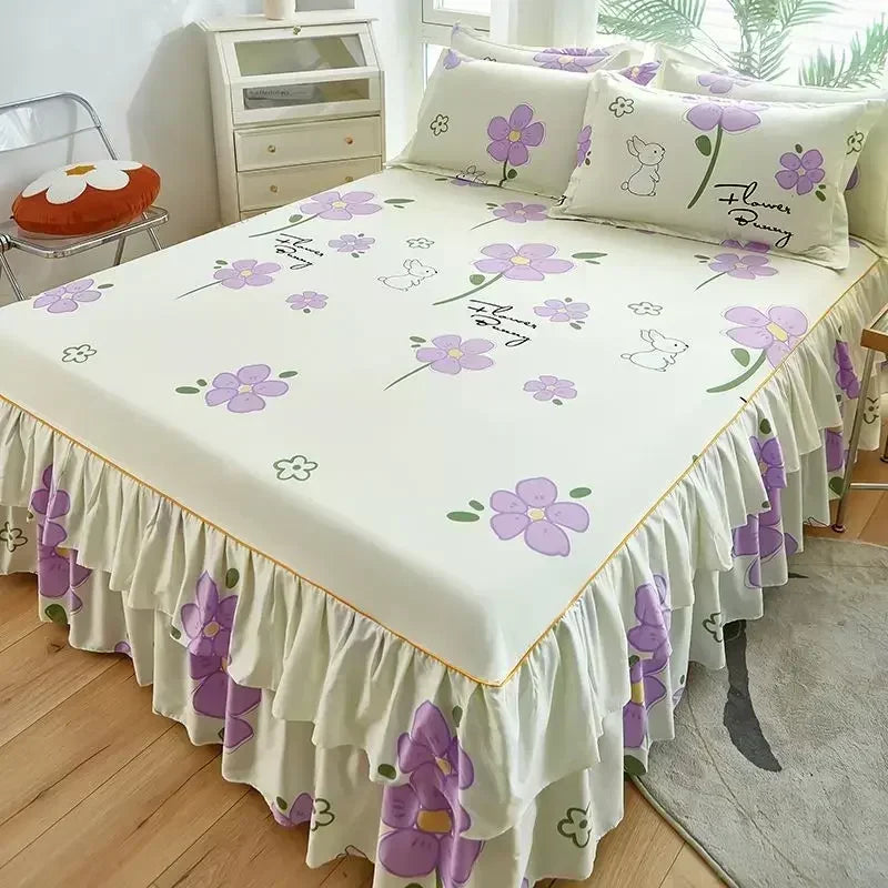 Floral Bed Skirt Set with Anti-Slip Mattress Cover