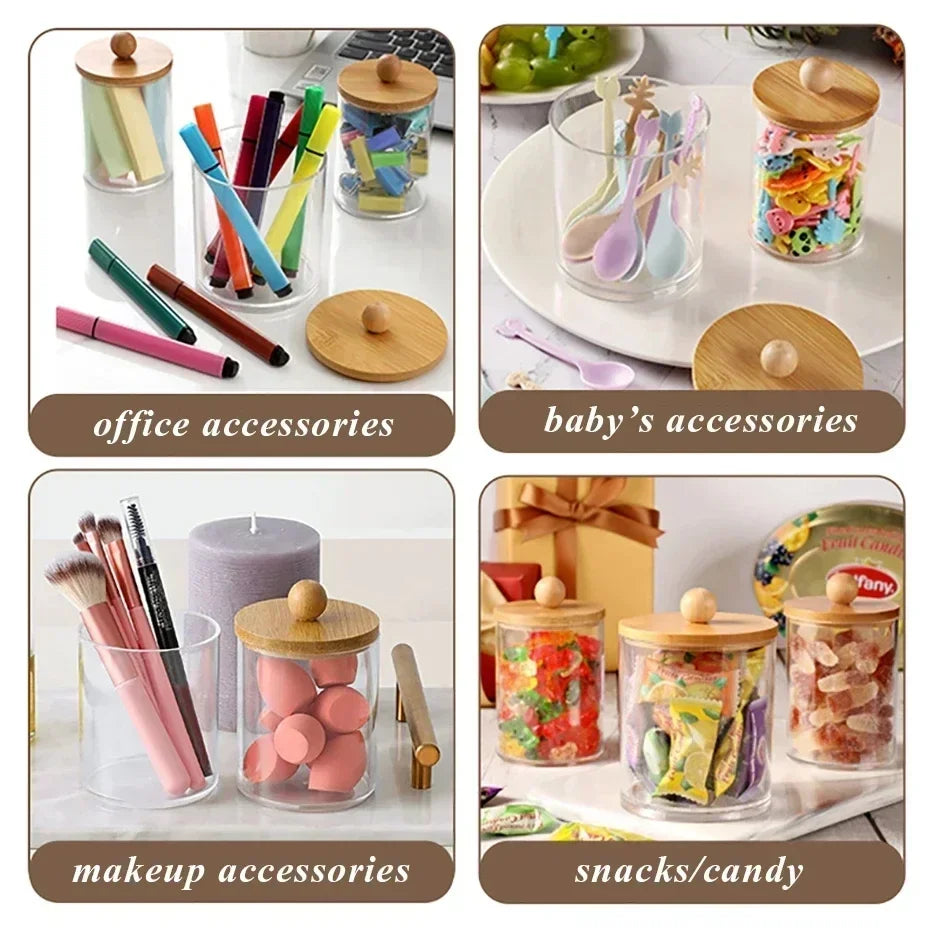A collection of various office accessories, baby accessories, makeup items, and snacks/candy displayed in clear acrylic apoth