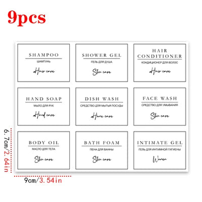 A set of 9 personal care products including shampoo, shower gel, conditioner, hand soap, dish wash, body oil, and intimate ge