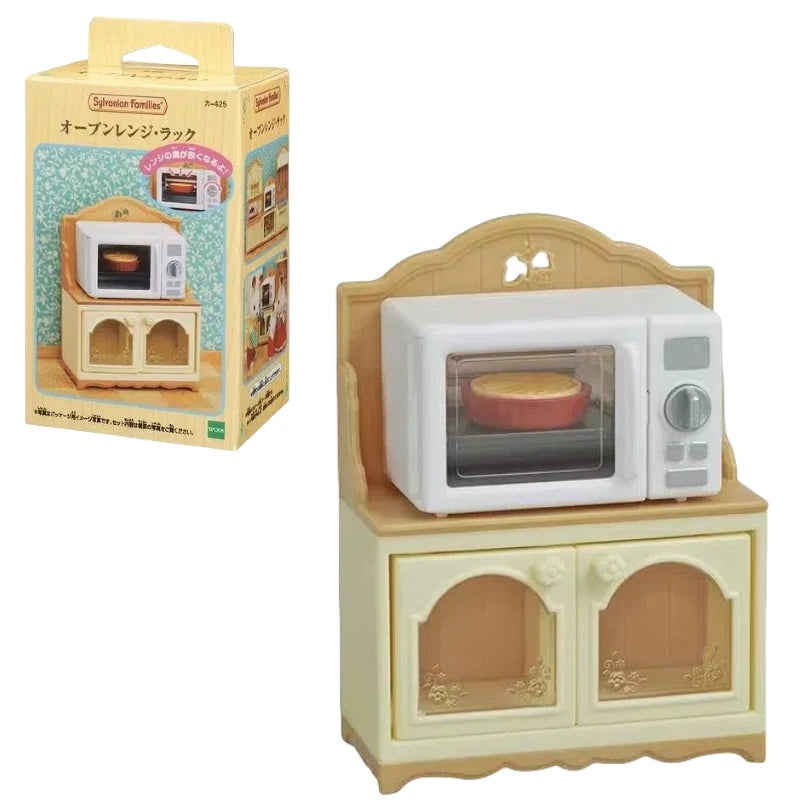 A wooden toy kitchen set featuring a white microwave oven and storage compartments for Sylvanian Families Forest Friends figu