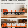 An orange and black diecast model of a fruit and vegetable transport truck with multiple accessories on a wooden surface.