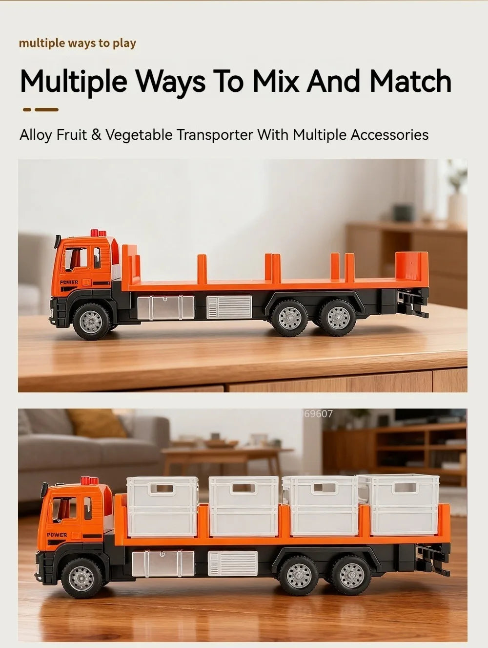 An orange and black diecast model of a fruit and vegetable transport truck with multiple accessories on a wooden surface.