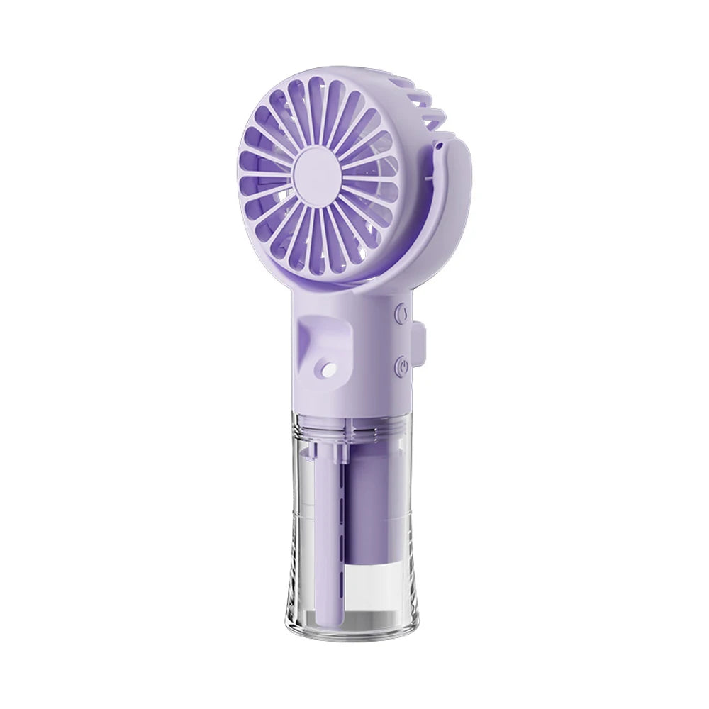 A purple portable USB rechargeable mist fan with a grille and clear water tank.