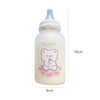 A white water bottle with a blue cap featuring a cute illustration of a strawberry bear and small pink fruit designs.