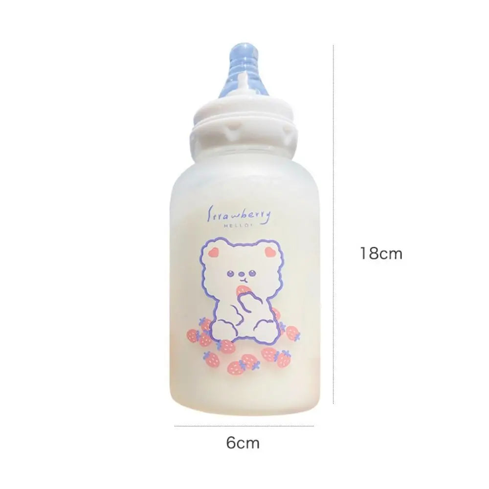 A white water bottle with a blue cap featuring a cute illustration of a strawberry bear and small pink fruit designs.