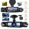 A black 1080P dash cam is shown with various features like full HD recording, night vision, and loop recording capabilities.