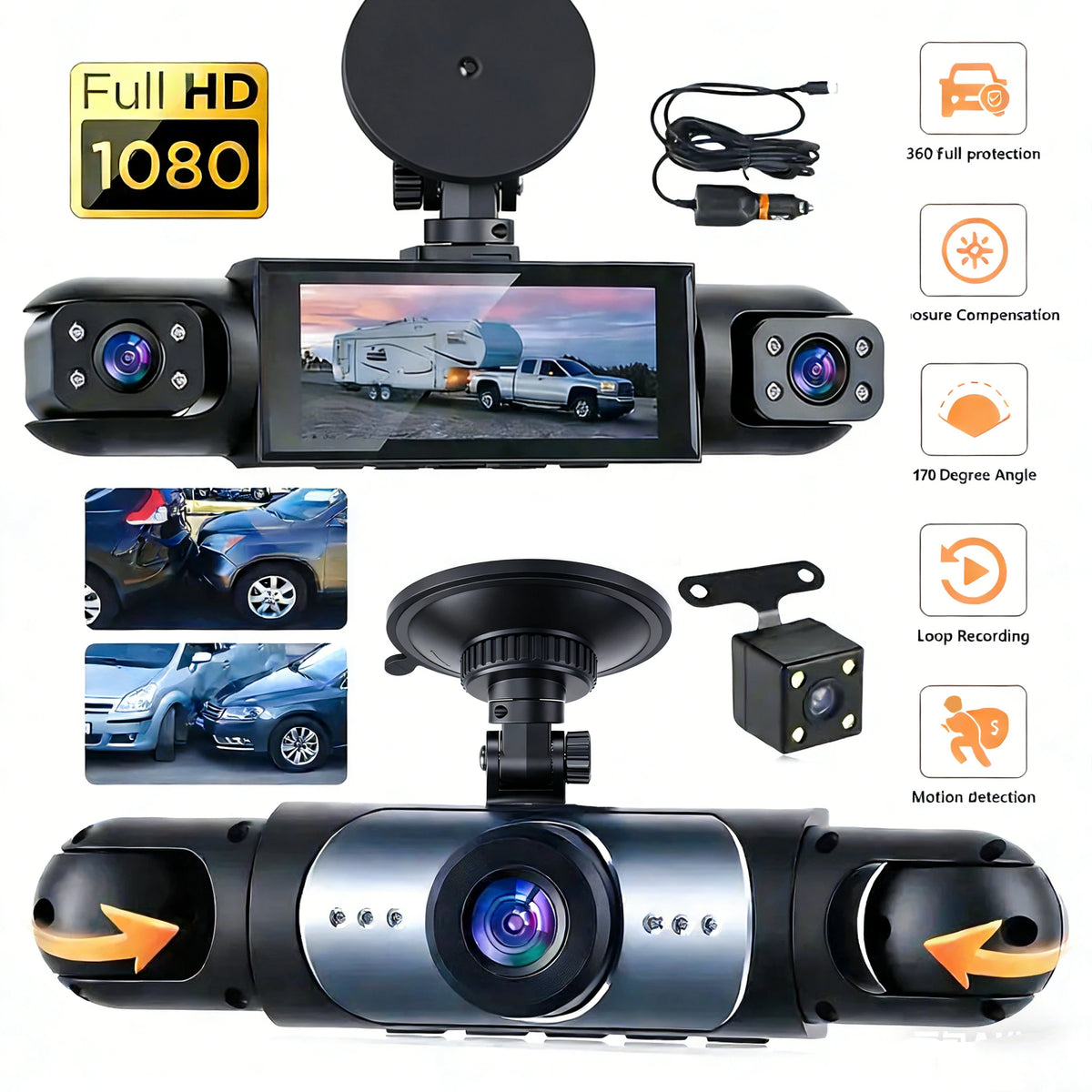 A black 1080P dash cam is shown with various features like full HD recording, night vision, and loop recording capabilities.