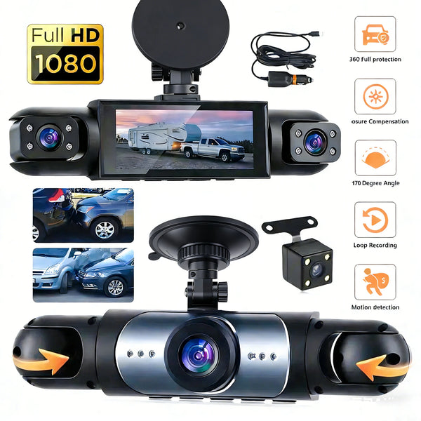 A black 1080P dash cam is shown with various features like full HD recording, night vision, and loop recording capabilities.