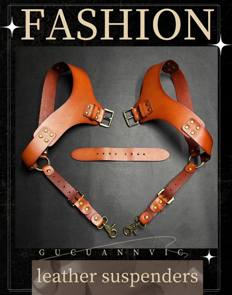 A pair of brown leather double shoulder suspenders displayed against a dark background.