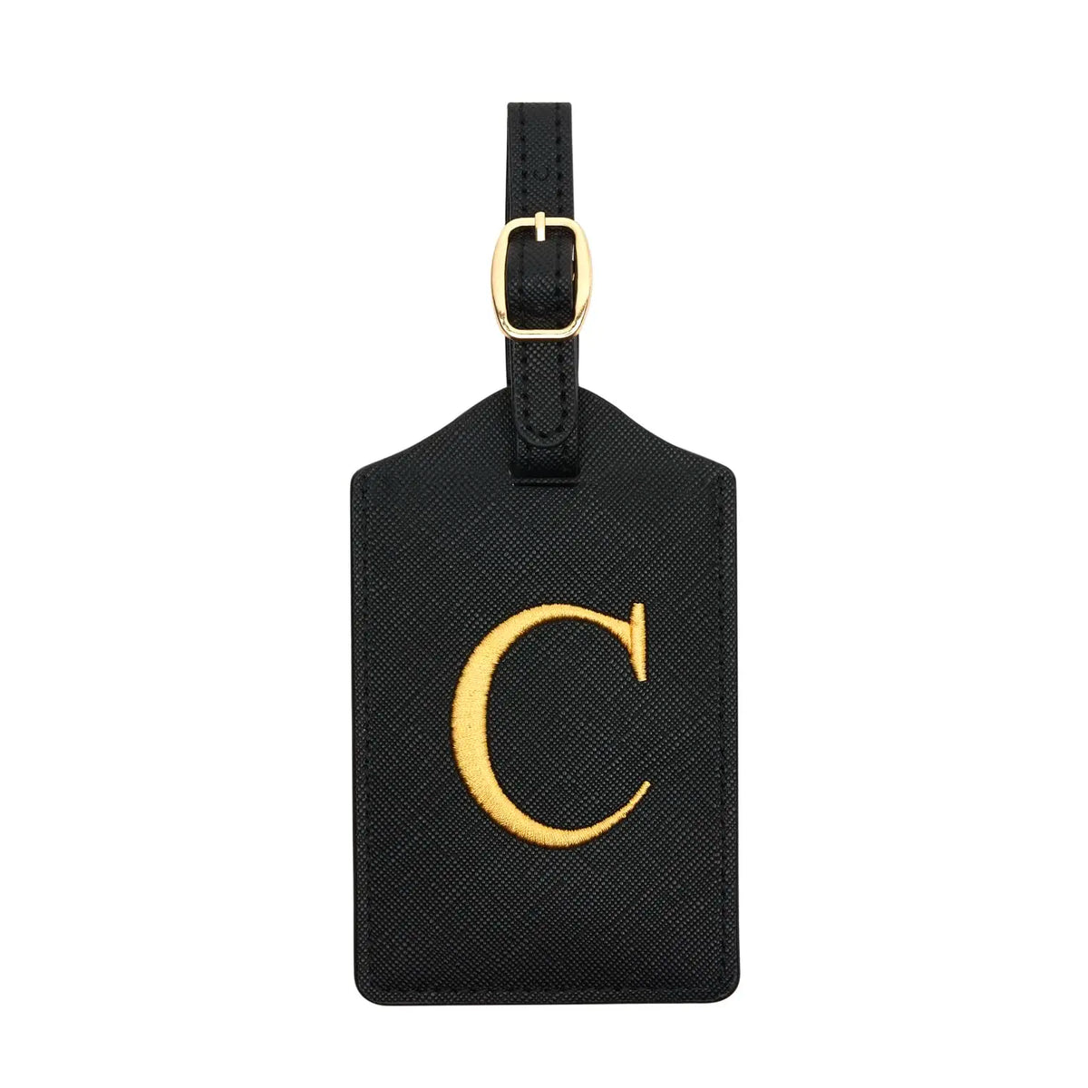 Black PU leather luggage tag with a gold initial C and a gold-colored metal loop.