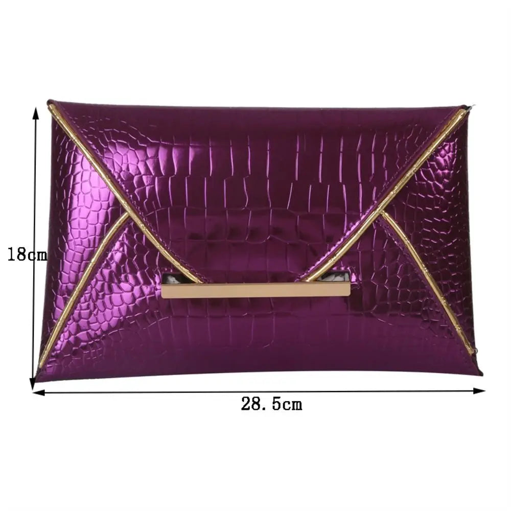 Purple crocodile pattern PU envelope clutch with a gold trim and coin pocket
