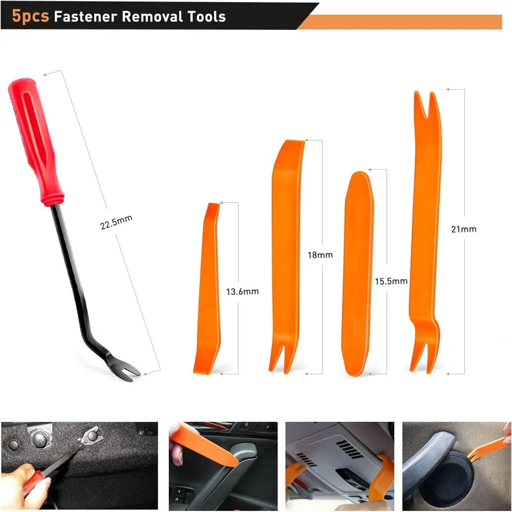 A set of 5 orange fastener removal tools, including a long pick and several clips, are displayed against a white background.