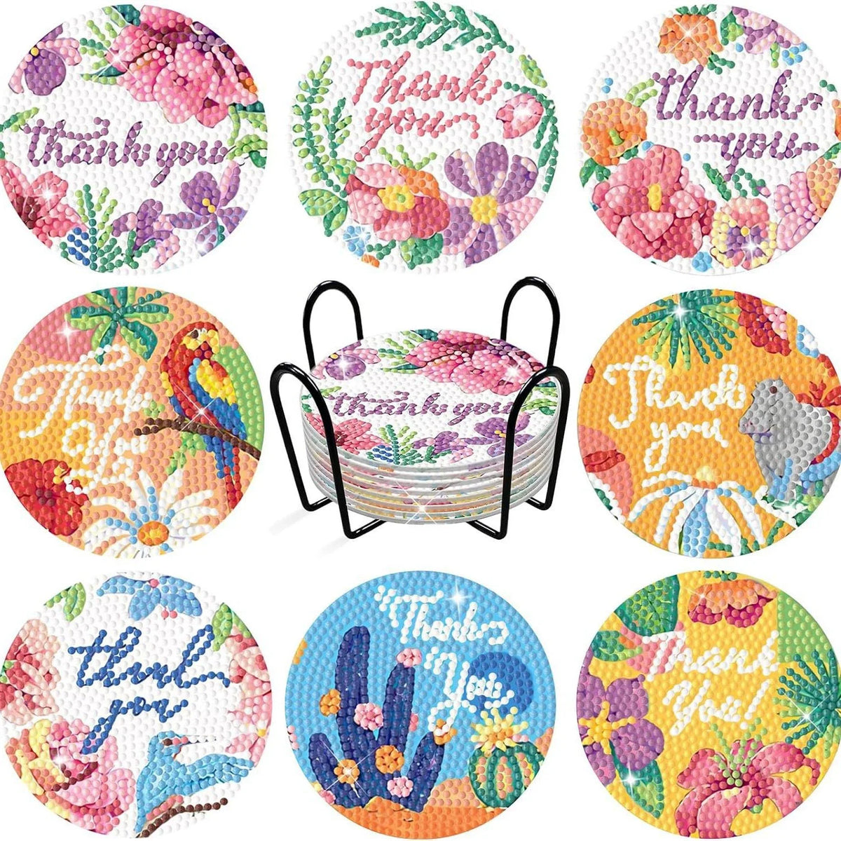 A collection of eight ocean-themed diamond art coasters and a holder kit featuring various floral and sea life designs.