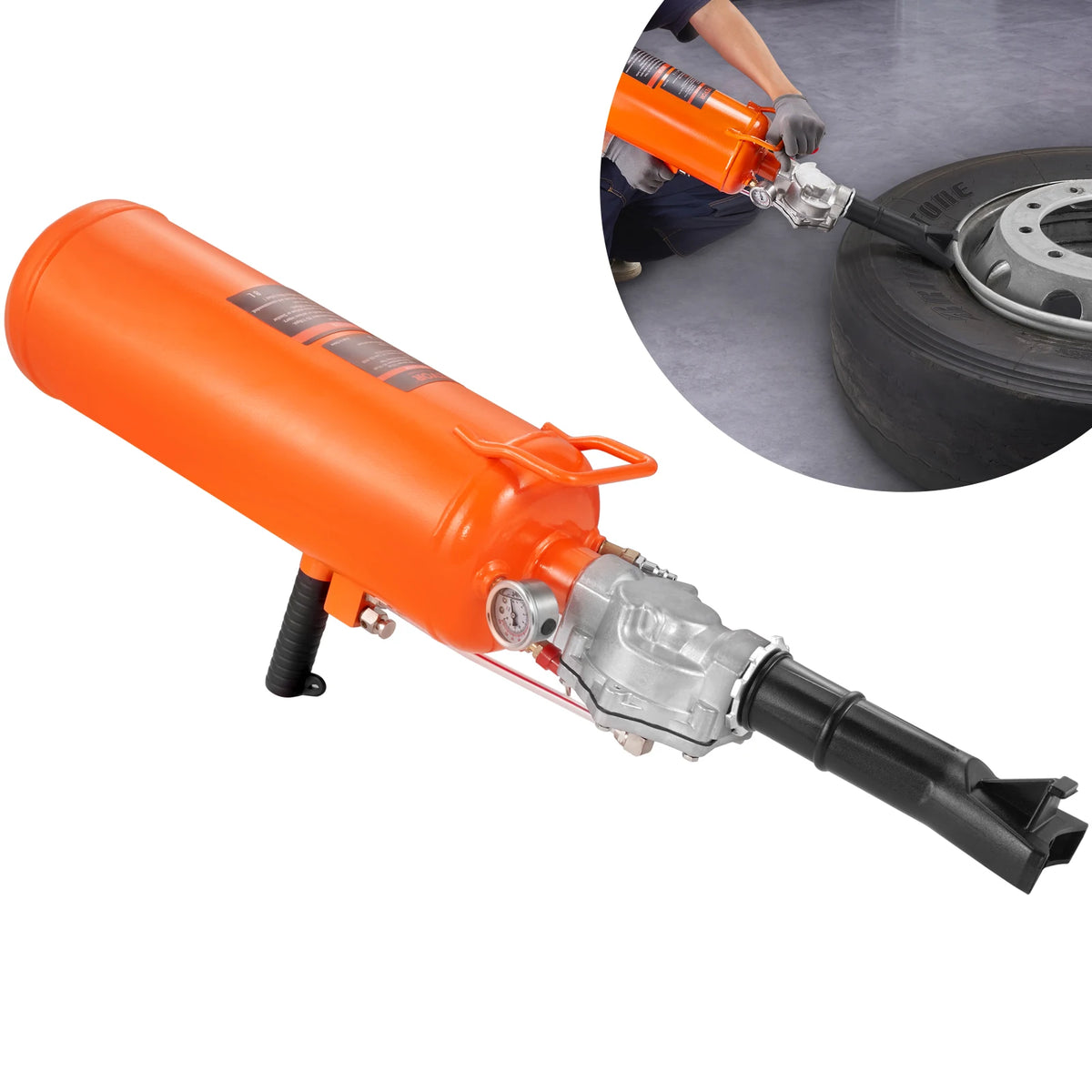 Orange handheld air blaster for tire bead seating, shown next to a tire.
