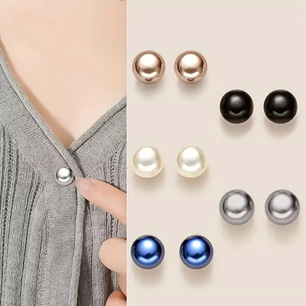 A set of decorative pearl button pins in various shades including silver, gold, black, and blue.
