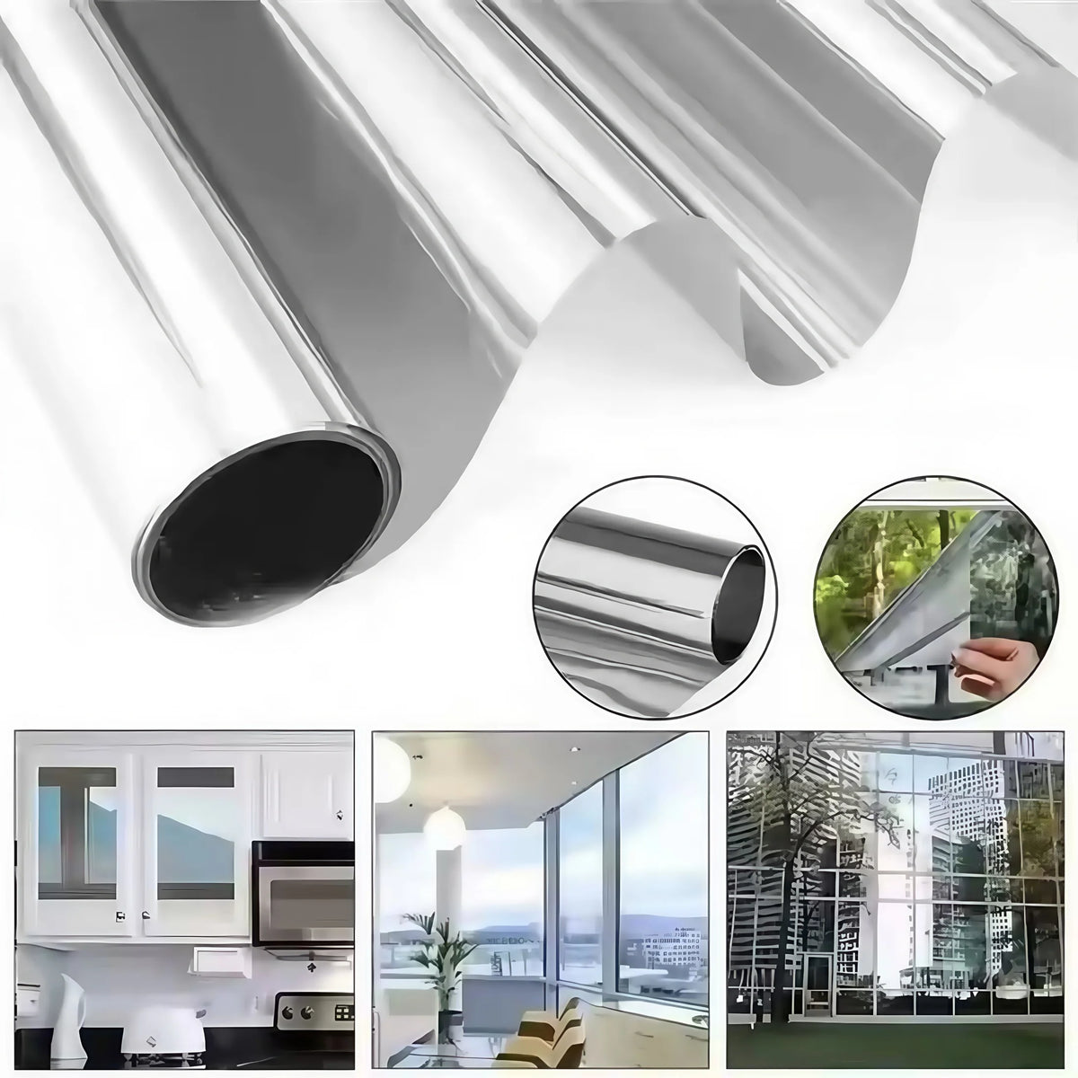 Close-up view of a silver privacy window film rolled up, showing its smooth texture and protective layer.