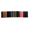 A row of slim leather card holders in various shades including brown, black, gray, and pink.