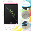 A pink LCD writing tablet with a black screen and stylus pen shown alongside its accessories.
